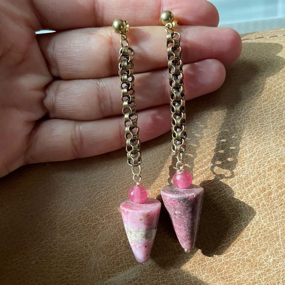 Pink stone marble w glass bead cone conical shape geometric organic earrings - Picture 7 of 8